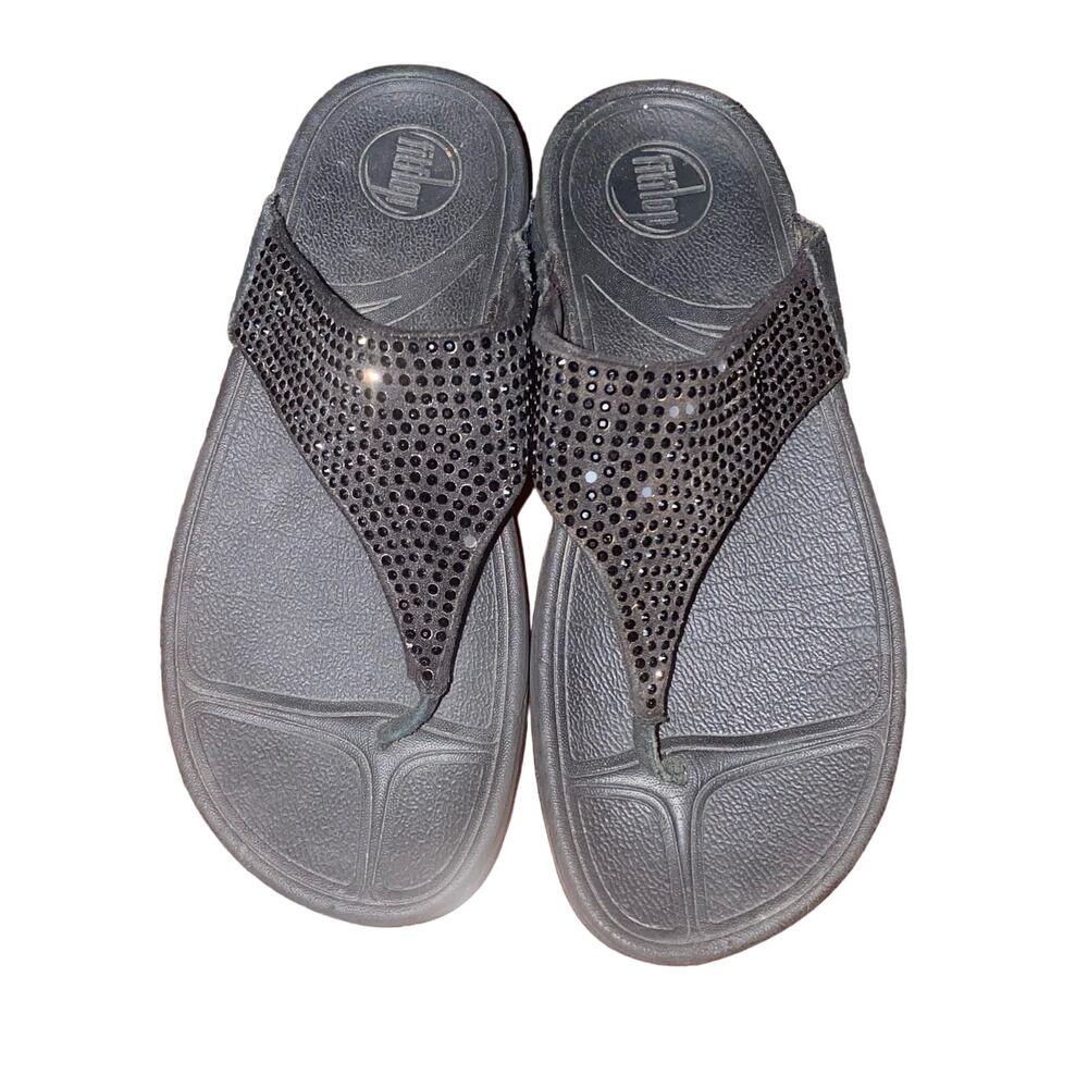 Fitflop Lulu Rhinestone embellished wobble Board t-strapped sandals size 7 black